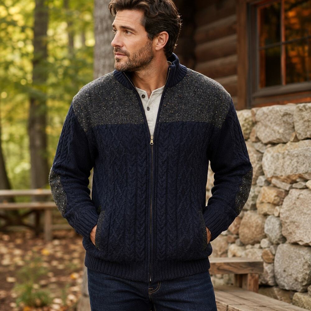 Aran Woollen Mills Full Zip Irish Wool Sweater Jacket Navy Cable Knit Men’s M